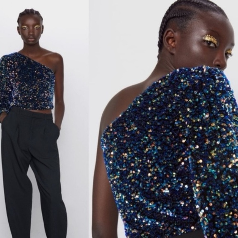 ZARA Sequined asymmetrical one shoulder crop top long sleeves size Medium NWT